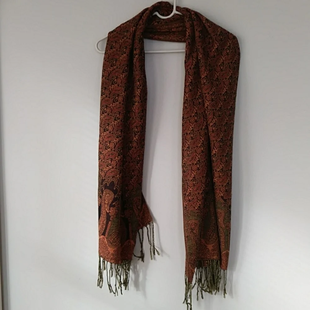 Zu's Paisley Fringed Wolle Silk Blend Scarf Wrap